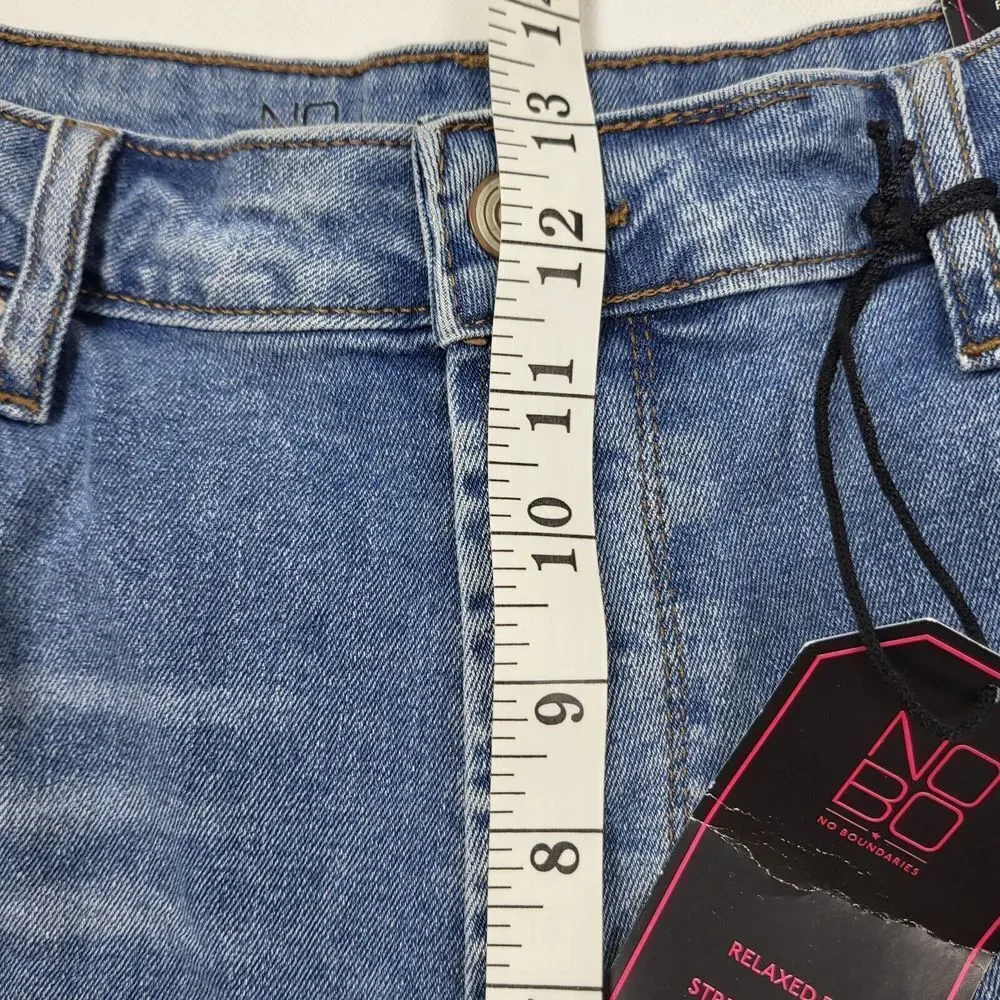 No Boundaries NOBO Destructed Mom Jeans 19‎ Super High Rise Raw Hem Medium Wash